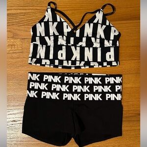 NWT Victoria’s Secret VS PINK Sports Bra Top and Foldover Shorts Set Black White
